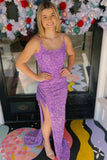 Sparkly Purple Mermaid Sequined Long Prom Dress with Slit