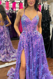 Purple A Line Spaghetti Straps V-Neck Lace Appliques Prom Dress with Slit