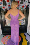 Sparkly Purple Mermaid Sequined Long Prom Dress with Slit