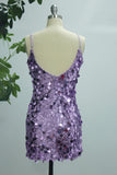 Purple Mermaid Spaghetti Straps Sequin Short V-Neck Homecoming Dress