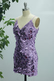 Purple Mermaid Spaghetti Straps Sequin Short V-Neck Homecoming Dress