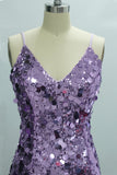 Purple Mermaid Spaghetti Straps Sequin Short V-Neck Homecoming Dress