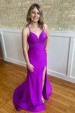 Purple Mermaid V Neck Spaghetti Strap Ruched Long Prom Dress