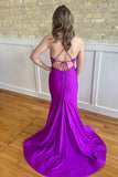Purple Mermaid V Neck Spaghetti Strap Ruched Long Prom Dress