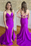 Purple Mermaid V Neck Spaghetti Strap Ruched Long Prom Dress