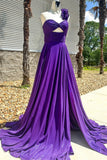 Fuchsia A-Line One Shoulder Keyhole Pleated Long Prom Dress with Slit