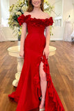Red A-Line Off The Shoulder Ruched Ruffles Prom Dress with Slit