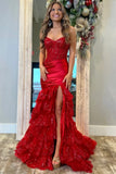 Red Mermaid Strapless Pleated Tiered Long Prom Dress with Slit