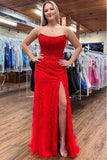 Red Mermaid Strapless Lace Appliques Long Prom Dress with Slit