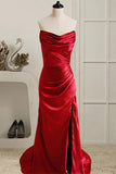 Red A-Line Strapless Long Prom Dress with Slit