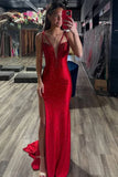 Red Mermaid Rhinestone V-Neck Long Prom Dress with Slit