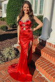 Red Mermaid Strapless Bow Pleated Long Prom Dress with Slit