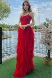 Red Mermaid Spaghetti Straps Ruffles Tulle Sleeveless Long Prom Dress