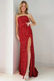Red Mermaid Sequin Strapless Backless Long Prom Dress with High Slit