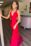 Red Mermaid Plunging V-Neck Open Back Long Prom Dress