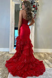 Red Mermaid Strapless Pleated Tiered Long Prom Dress with Slit