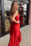 Red Mermaid Strapless Ruffles Long Prom Dress with Train