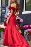Red A-Line Off The Shoulder Ruched Ruffles Prom Dress with Slit