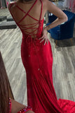 Red Mermaid Rhinestone V-Neck Long Prom Dress with Slit