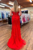 Red Mermaid Strapless Lace Appliques Long Prom Dress with Slit
