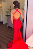 Red Mermaid Plunging V-Neck Open Back Long Prom Dress
