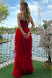 Red Mermaid Spaghetti Straps Ruffles Tulle Sleeveless Long Prom Dress