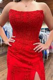 Red Mermaid Strapless Lace Appliques Long Prom Dress with Slit
