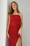 Red Mermaid Sequin Strapless Backless Long Prom Dress with High Slit