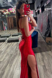 Red Mermaid Rhinestone V-Neck Long Prom Dress with Slit