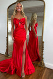 Red Mermaid Strapless Bowknot Long Prom Dress with Slit