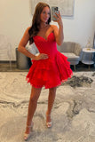 Red A-Line Corset Short Homecoming Dress with Ruffles