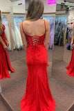 Red Mermaid Spaghetti Straps Appliqued Long Prom Dress with Slit