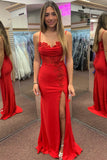 Red Mermaid Spaghetti Straps Appliqued Long Prom Dress with Slit