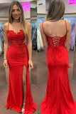 Red Mermaid Spaghetti Straps Appliqued Long Prom Dress with Slit