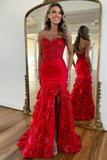Red Mermaid Strapless Pleated Tiered Long Prom Dress with Slit