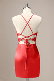 Red Sheath Criss Cross Back Corset Short Homecoming Dress with Appliques