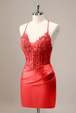 Red Sheath Criss Cross Back Corset Short Homecoming Dress with Appliques