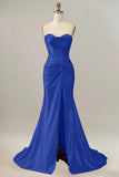 Royal Blue Mermaid Sweetheart Corset Pleated Long Prom Dress with Slit