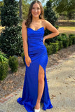 Red Mermaid Strapless Satin Pleated Long Prom Dress with Slit
