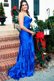 Green Mermaid Strapless V-Neck Pleated Satin Tiered Long Prom Dress with Slit