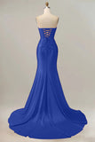 Royal Blue Mermaid Sweetheart Corset Pleated Long Prom Dress with Slit