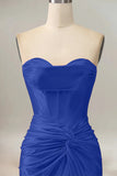 Royal Blue Mermaid Sweetheart Corset Pleated Long Prom Dress with Slit