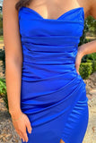 Red Mermaid Strapless Satin Pleated Long Prom Dress with Slit