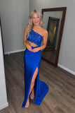 Royal Blue Mermaid One Shoulder Long Prom Dress with Appliques