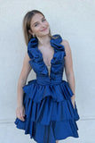 A Line Pink Halter Short Homecoming Dress With Ruffles