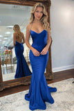 Sexy Royal Blue Mermaid Open Back Long Satin Prom Dress