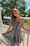 Silver Halter Pleated A Line Metallic Short Homecoming Dress