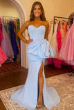 Light Blue Mermaid Strapless Bow Long Prom Dress with Slit
