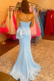 Light Blue Mermaid Strapless Bow Long Prom Dress with Slit