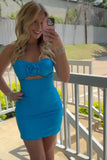 Sparkly Royal Blue Floral Tight Strapless Short Homecoming Dress with Beading